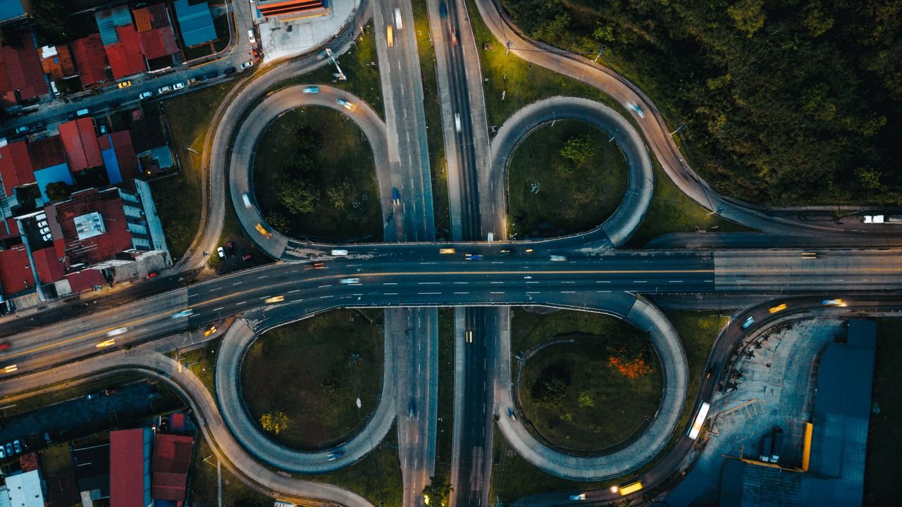Industrias Stunning aerial capture of a highway interchange in Panama City during twilight.